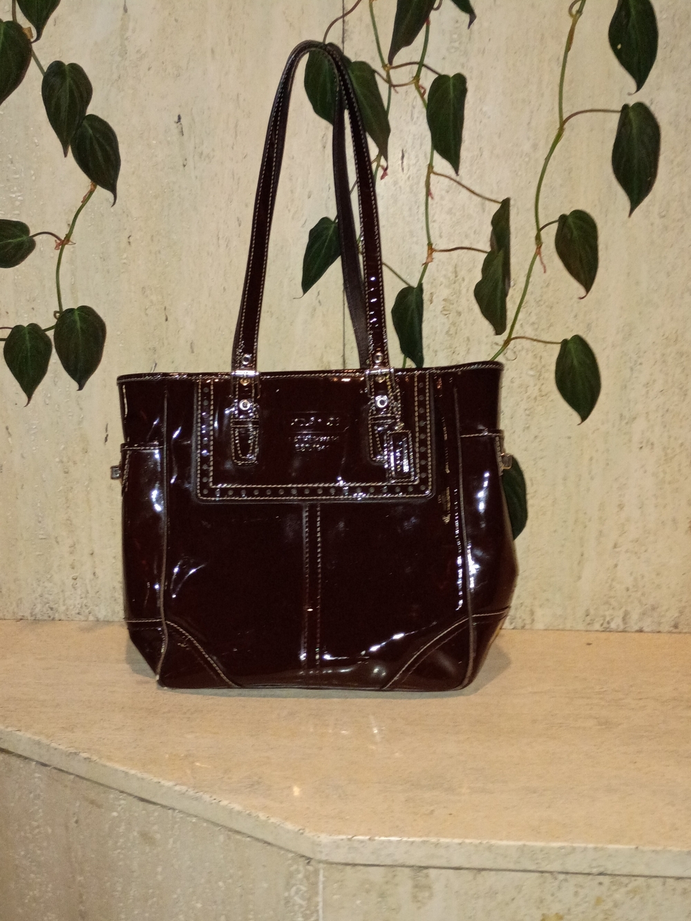 Coach Ashley Tote Bag in Patent Dark Brown